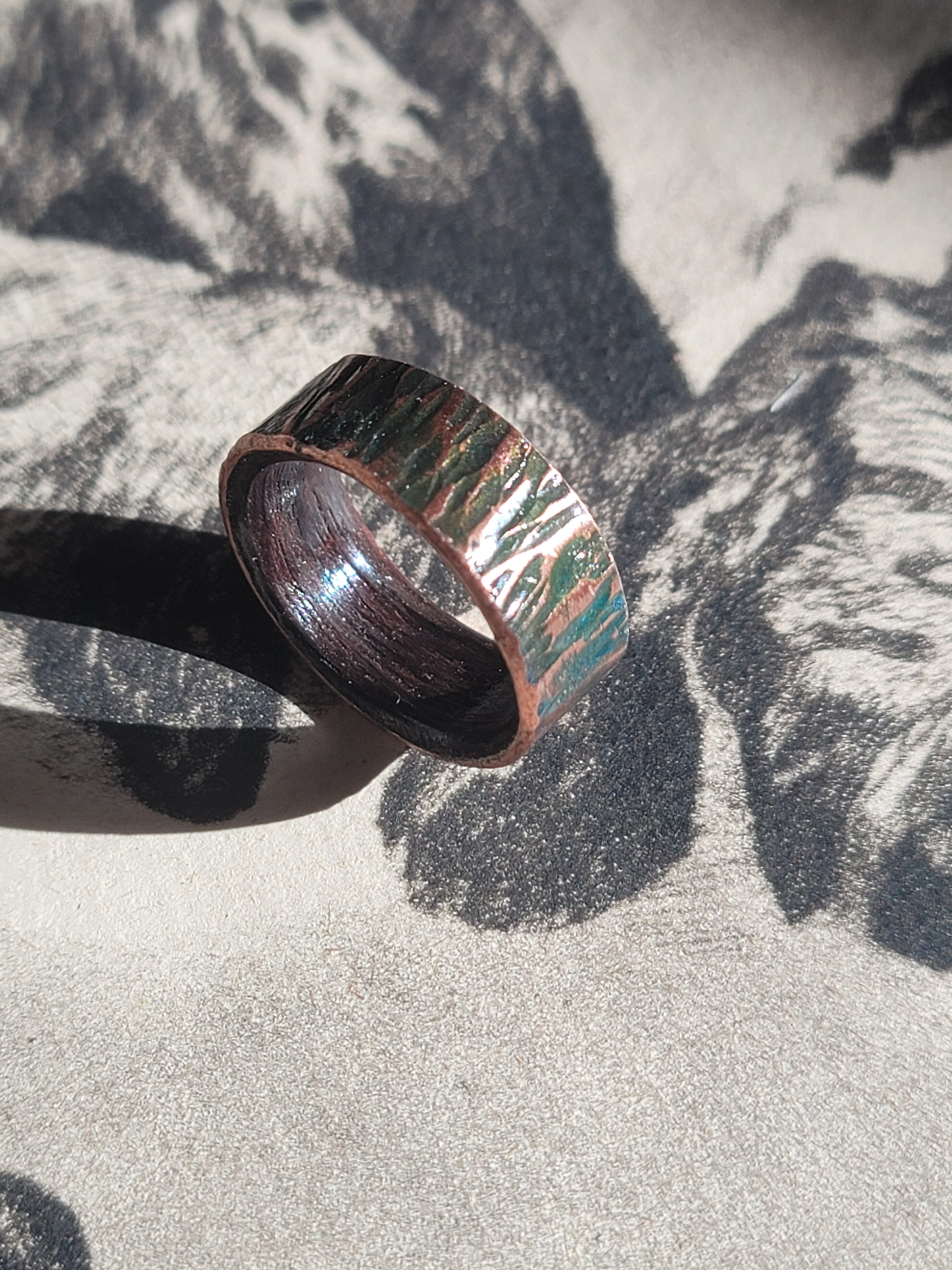 Hammered Copper Ring with East Indian Rosewood Inner Size 8.5