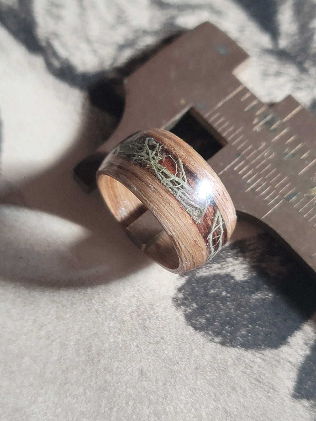 Oak Ring with an incased band of Lichen size 5