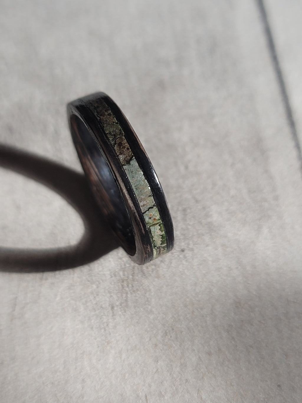 Oak with Lichen Patterned Rowan Tree Bark ring size 10