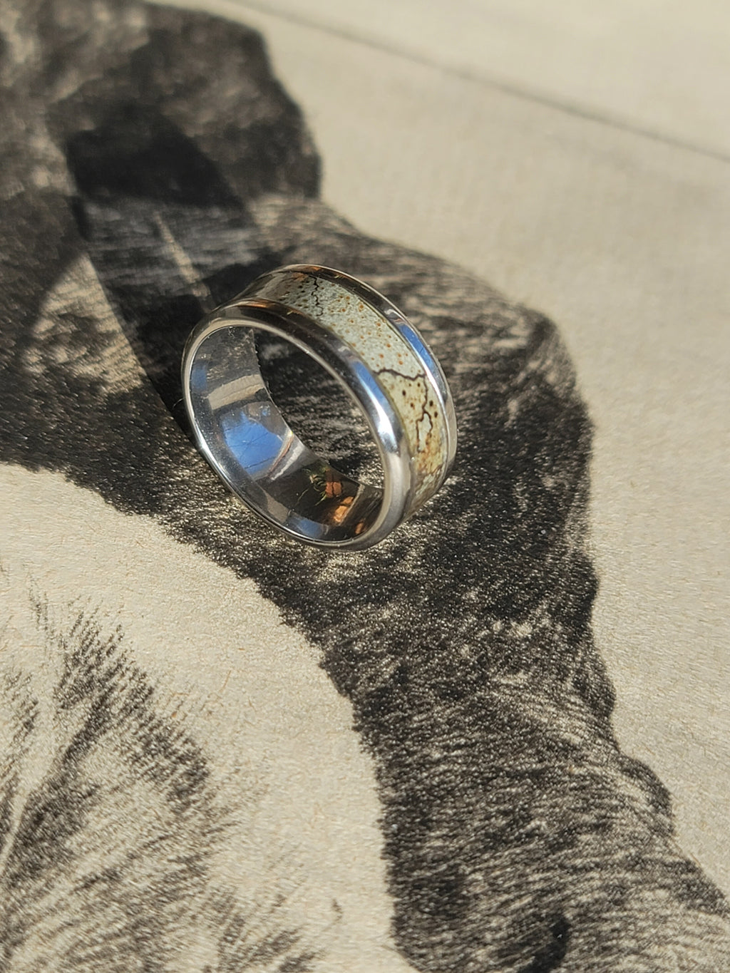 Steel Ring Band of Lichen Pattern on Rowan Tree Bark US Size 7