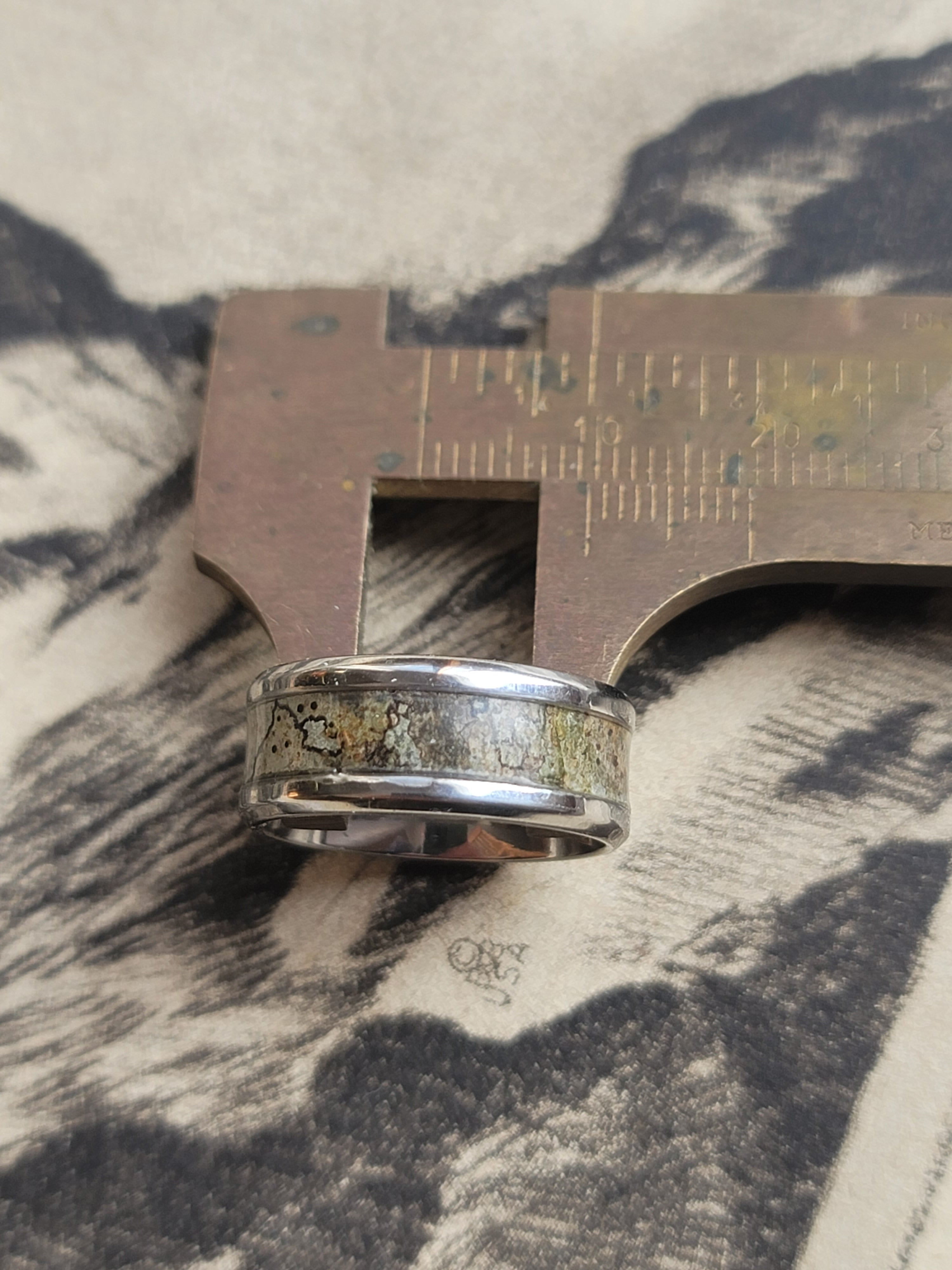 Steel Ring Band of Lichen Pattern on Rowan Tree Bark US Size 7