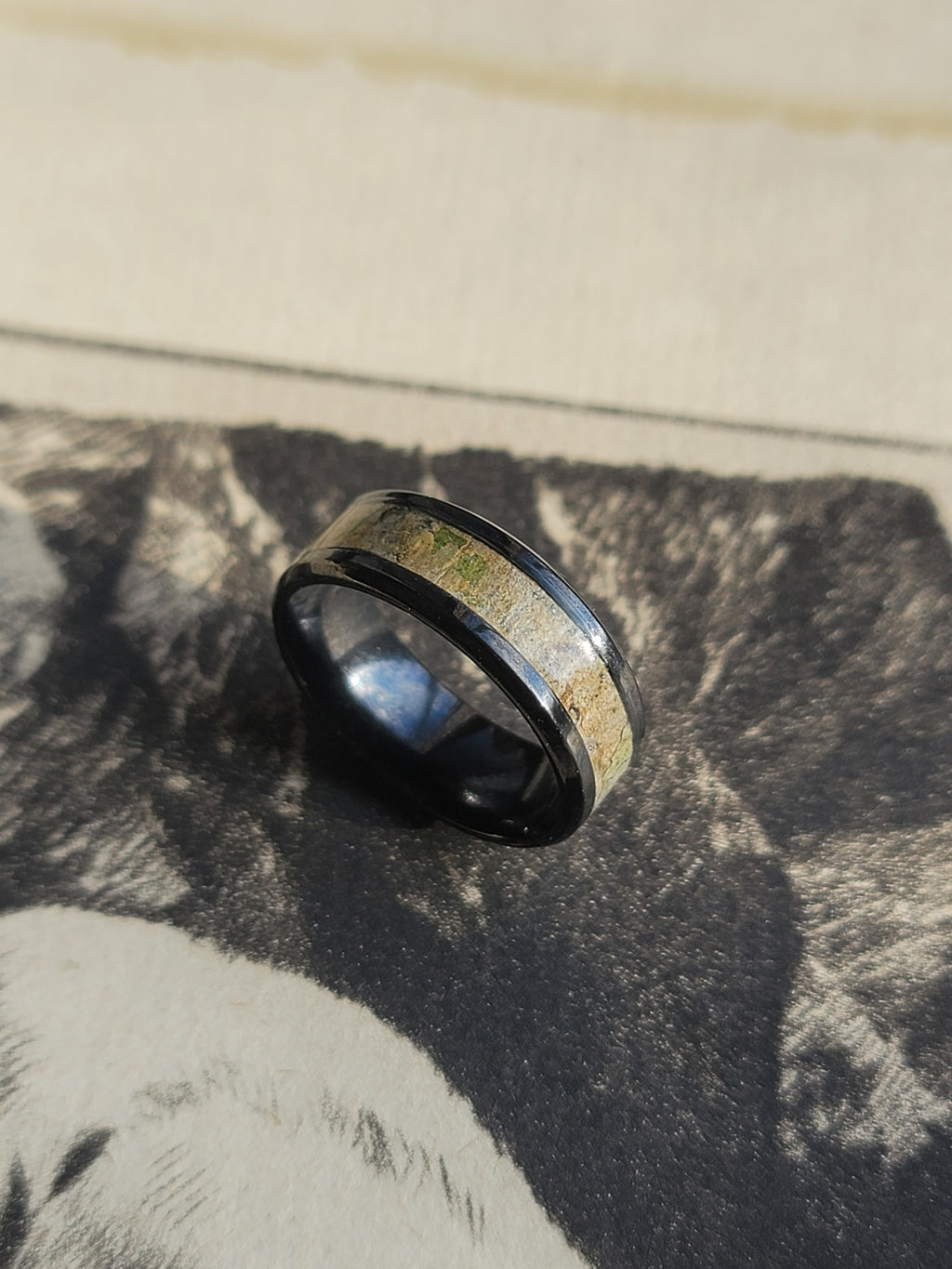 Black Steel Ring with Band of Lichen Pattern on Rowan Tree Bark US Size 10.5