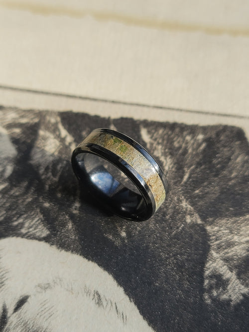 Black Steel Ring with Band of Lichen Pattern on Rowan Tree Bark US Size 10.5