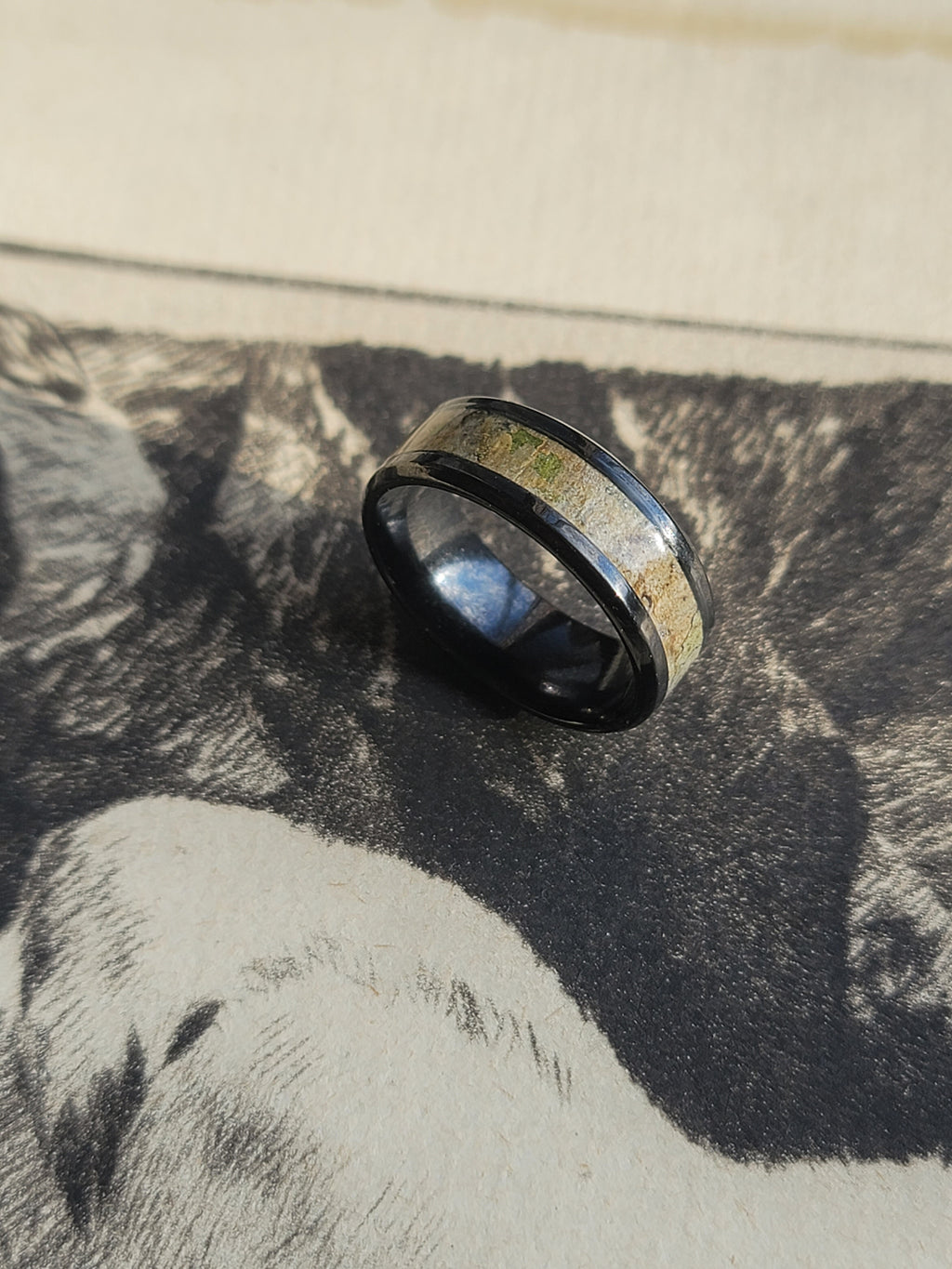 Black Steel Ring with Band of Lichen Pattern on Rowan Tree Bark US Size 10.5
