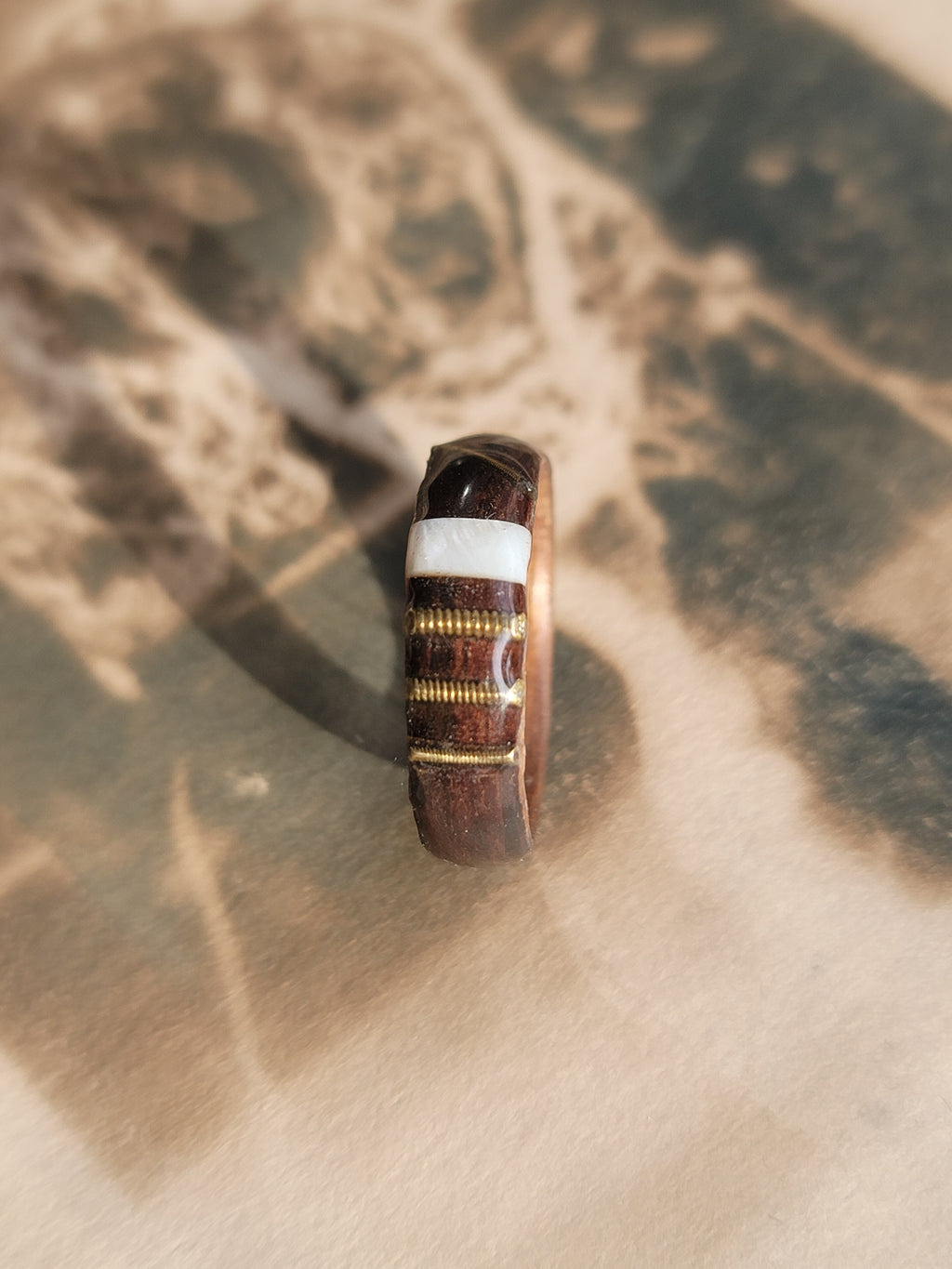 Rosewood and Walnut a Ring with Guitar Strings and Mother of Pearl Inlays Size 9