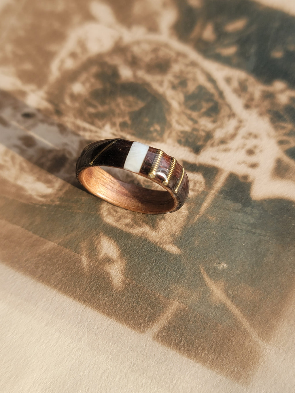 Rosewood and Walnut a Ring with Guitar Strings and Mother of Pearl Inlays Size 9