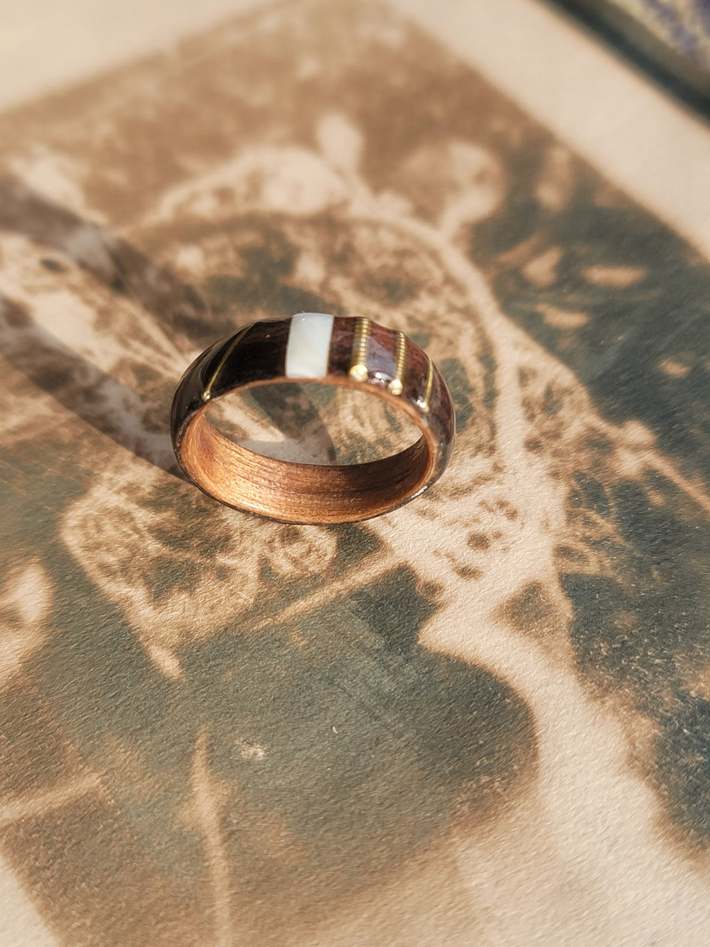 Rosewood and Walnut a Ring with Guitar Strings and Mother of Pearl Inlays Size 9