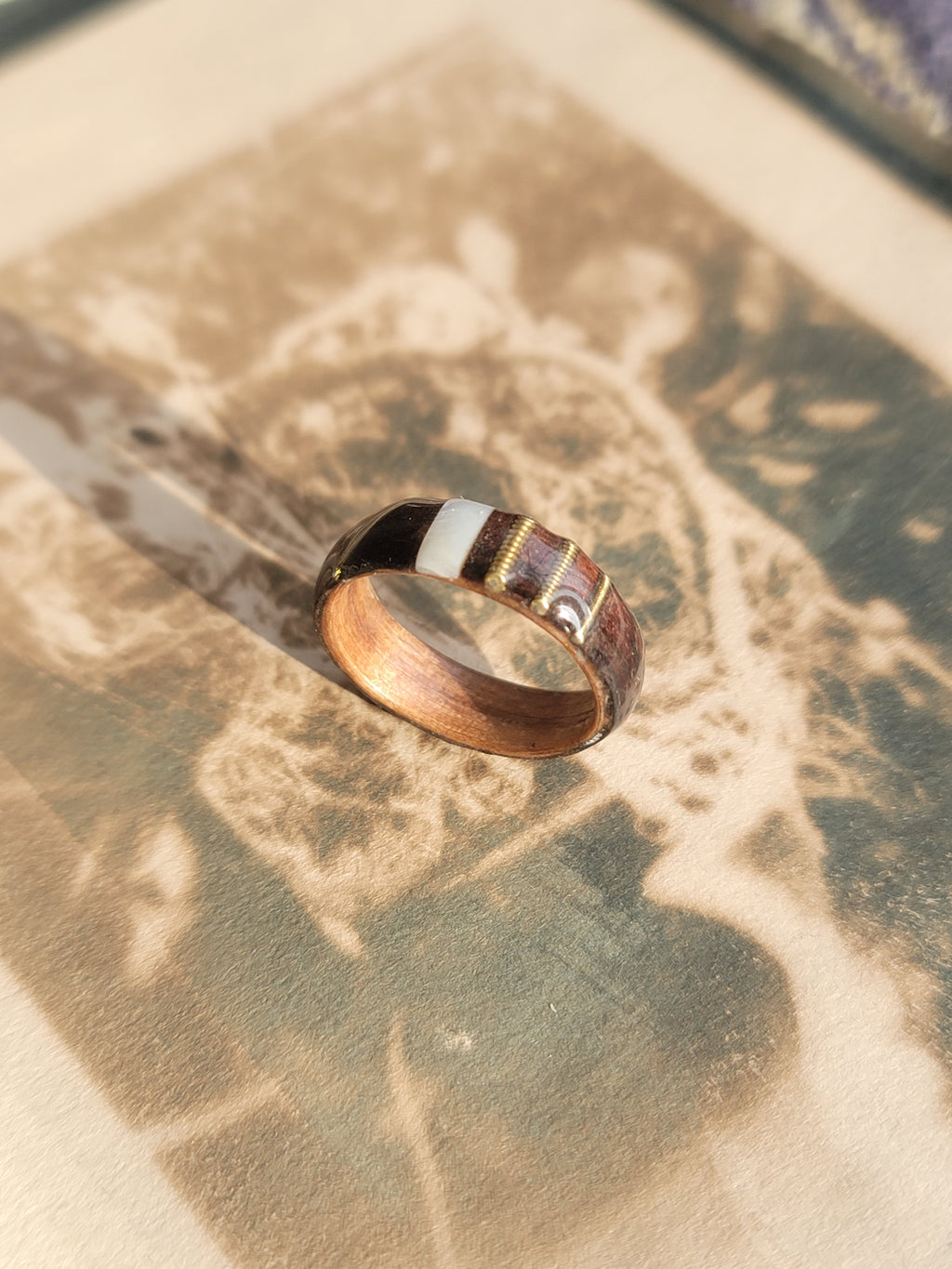 Rosewood and Walnut a Ring with Guitar Strings and Mother of Pearl Inlays Size 9