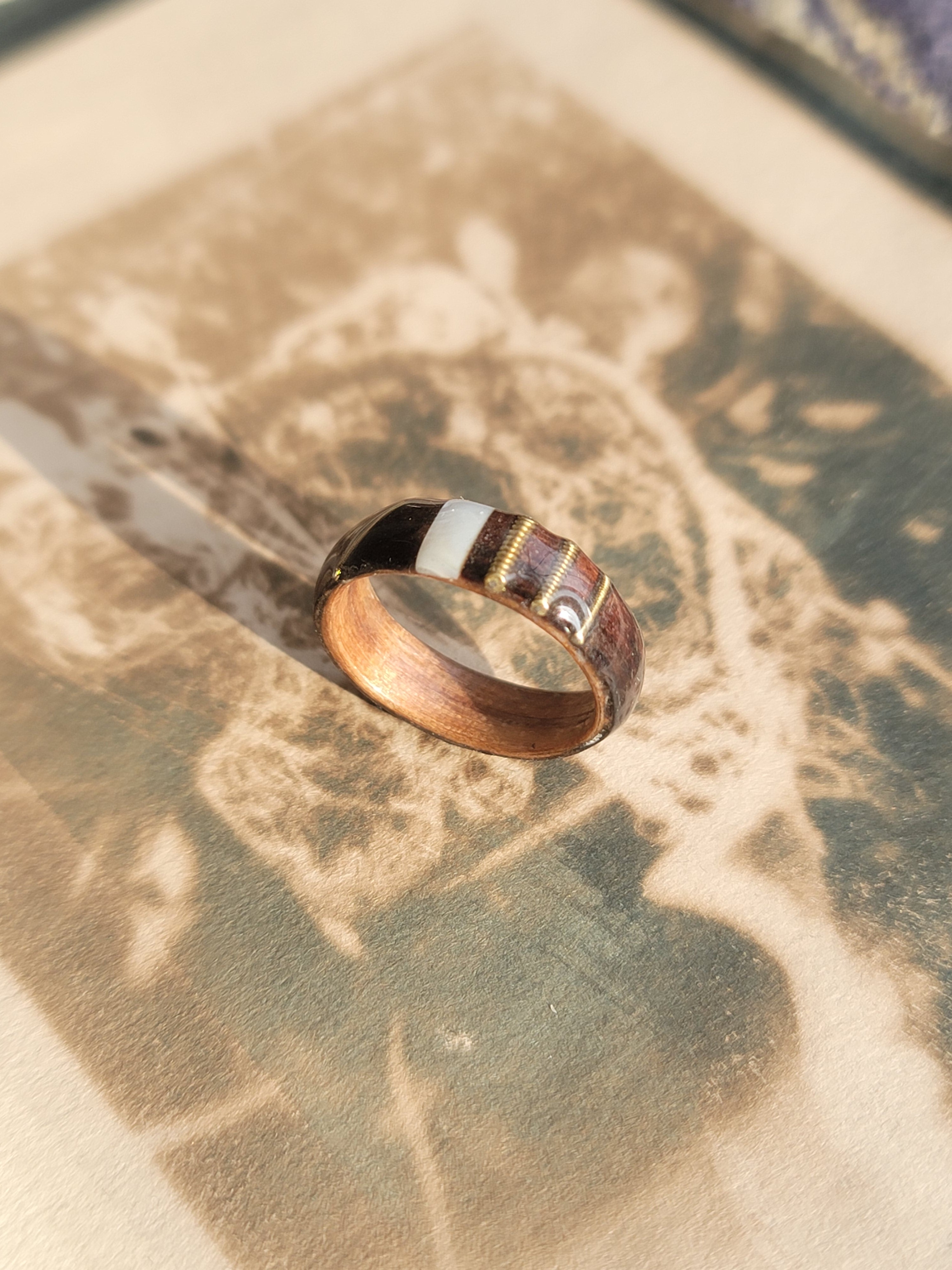Rosewood and Walnut a Ring with Guitar Strings and Mother of Pearl Inlays Size 9