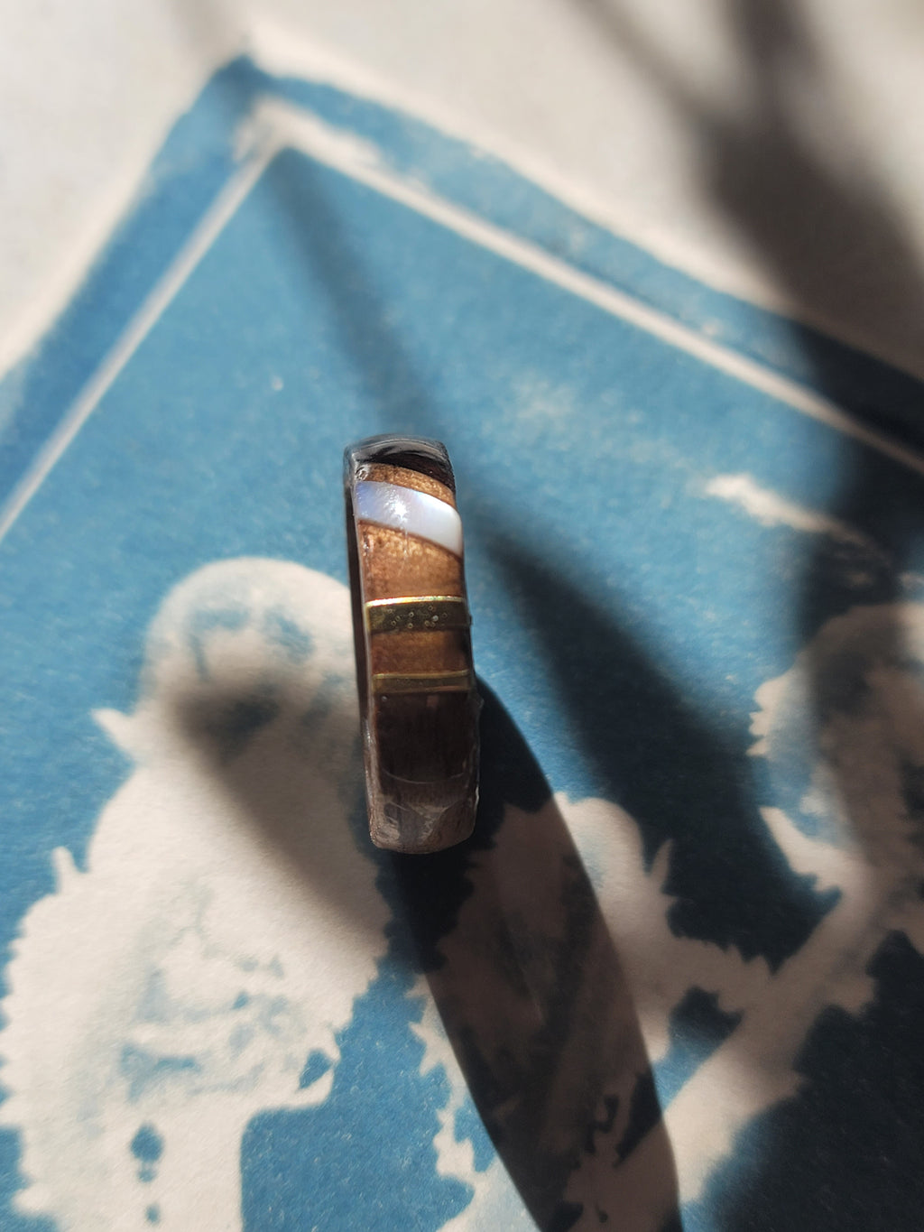 Walnut Ring with Rosewood, Brass and Mother of Pearl Inlays Size 10