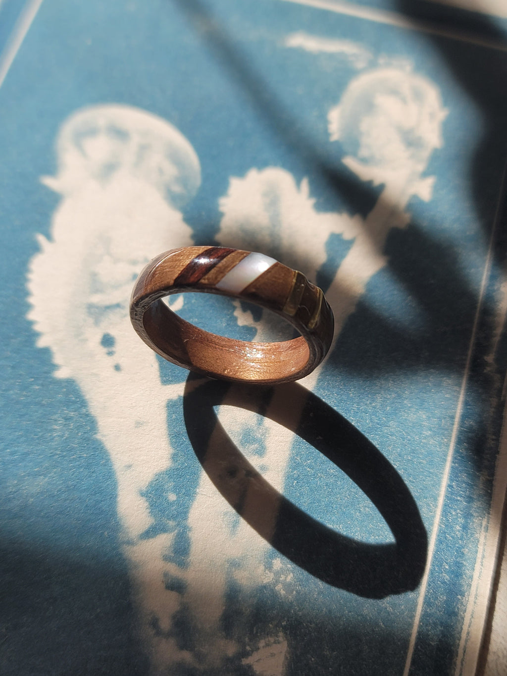 Walnut Ring with Rosewood, Brass and Mother of Pearl Inlays Size 10