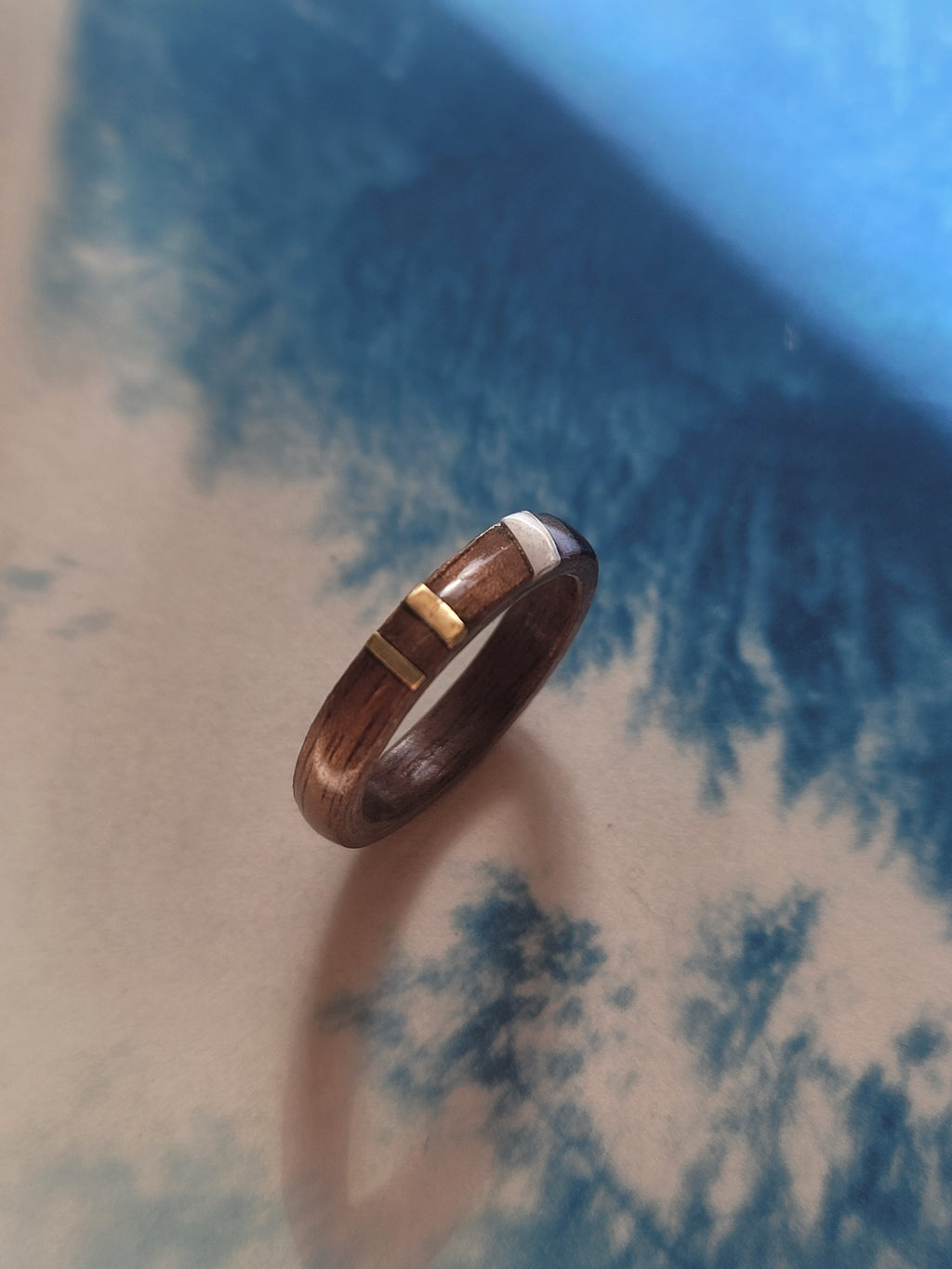 Walnut Ring with Rosewood, Brass and Mother of Pearl Inlays Size 9.5