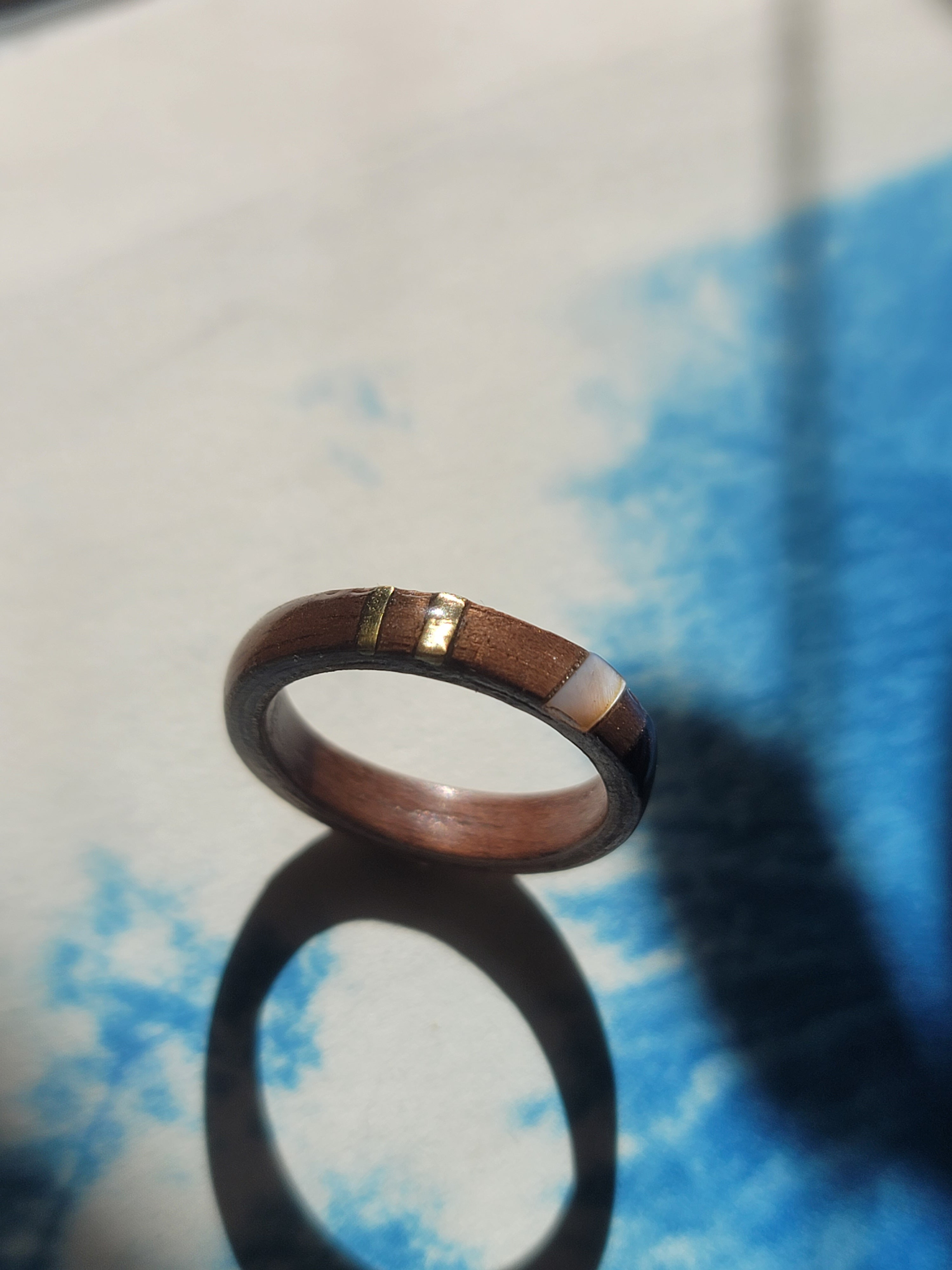 Walnut Ring with Rosewood, Brass and Mother of Pearl Inlays Size 9.5