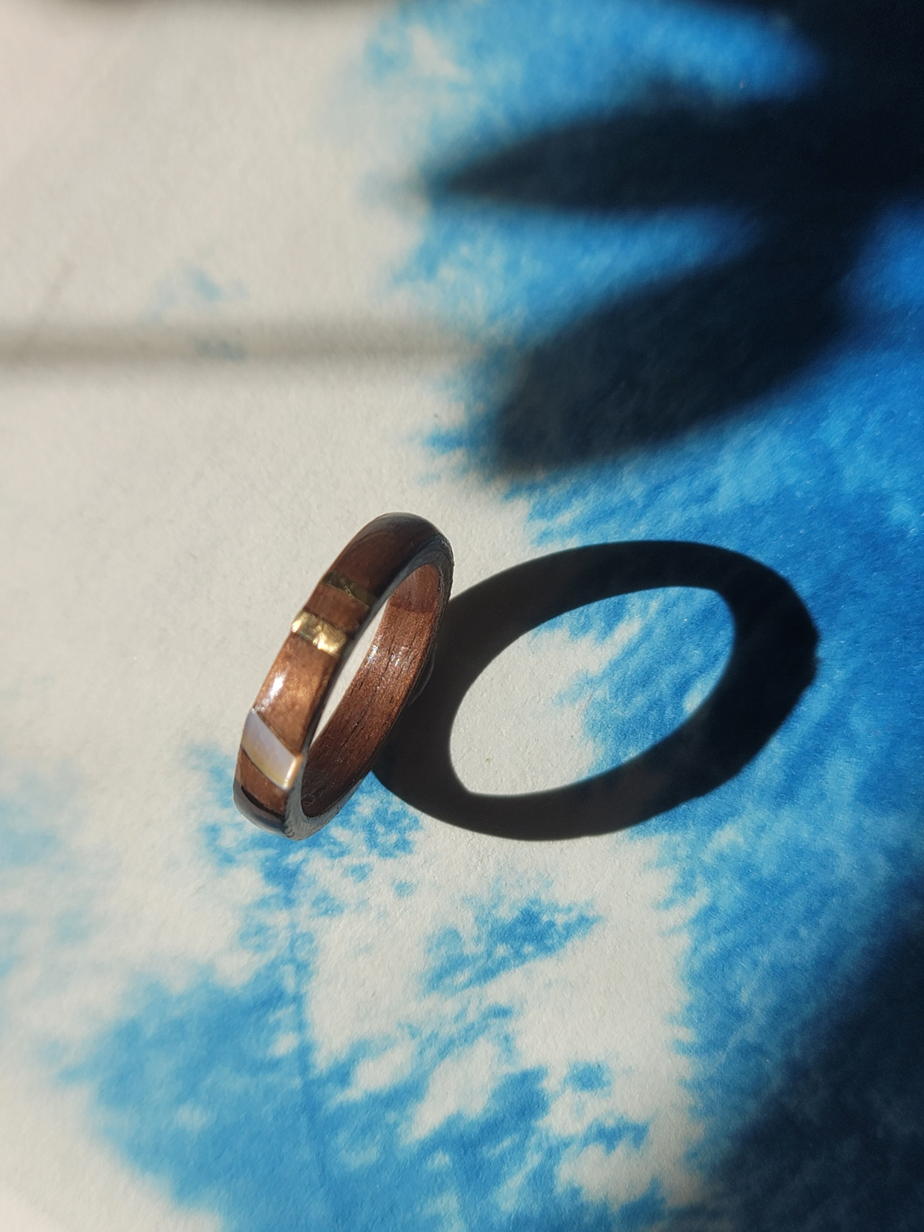 Walnut Ring with Rosewood, Brass and Mother of Pearl Inlays Size 9.5