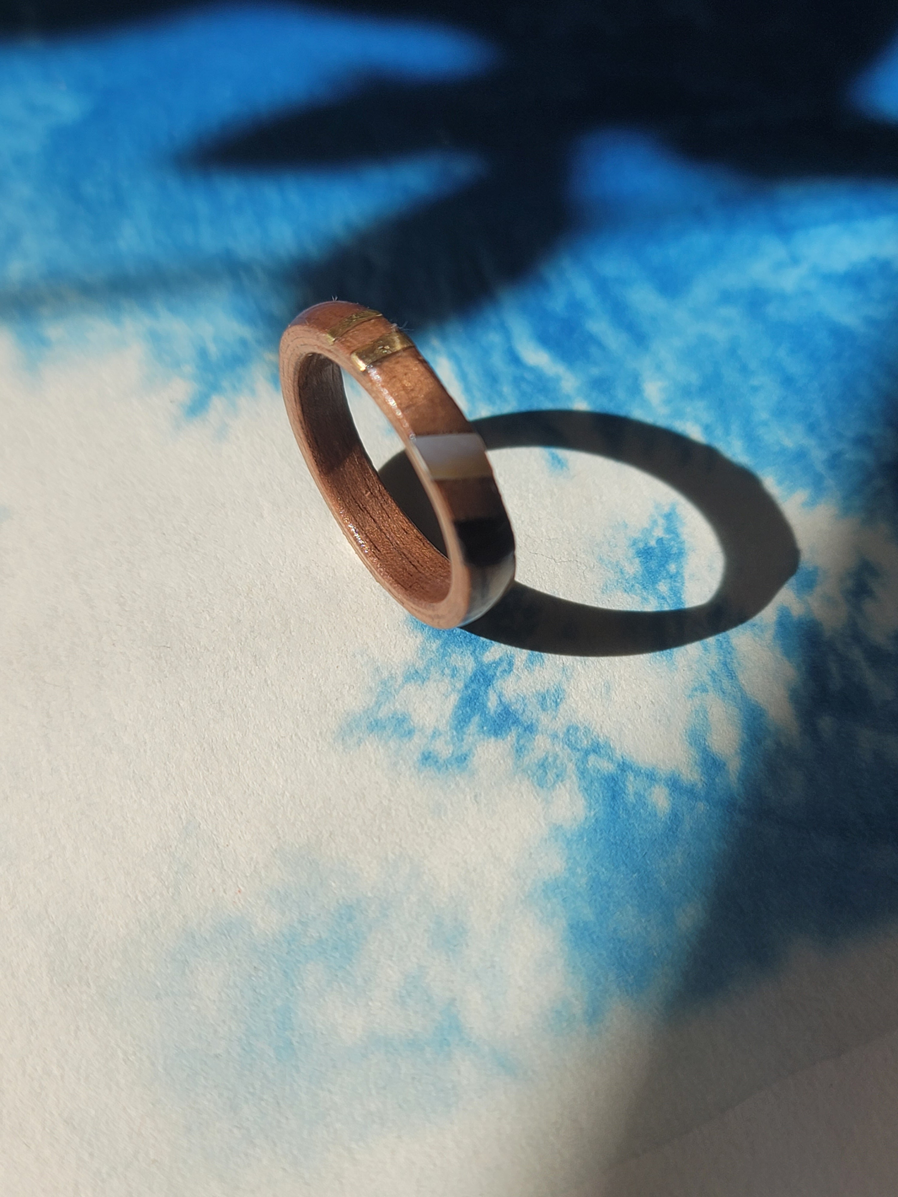 Walnut Ring with Rosewood, Brass and Mother of Pearl Inlays Size 9.5