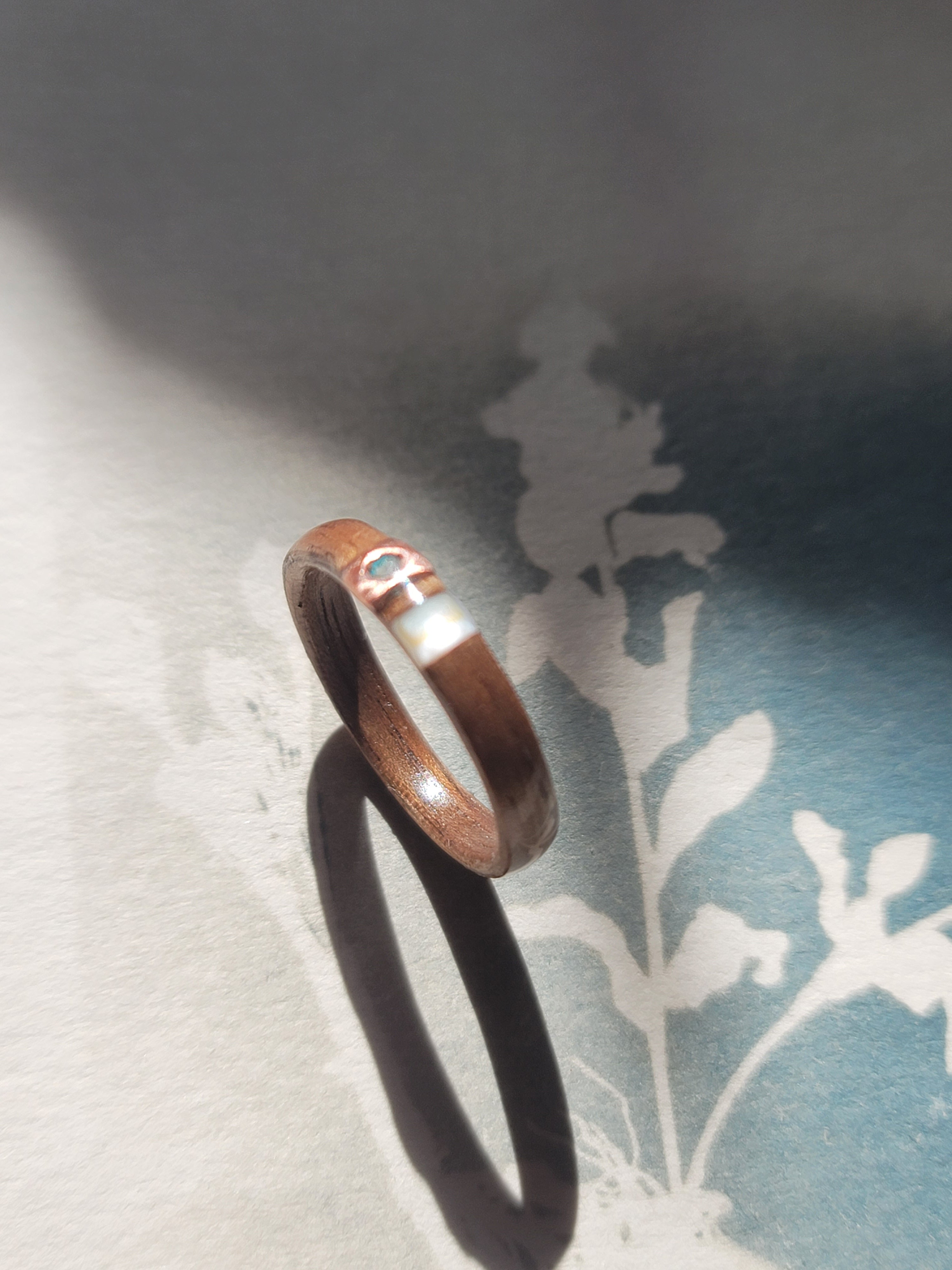 Walnut Ring with Copper and Mother of Pearl Inlays Size 6.5