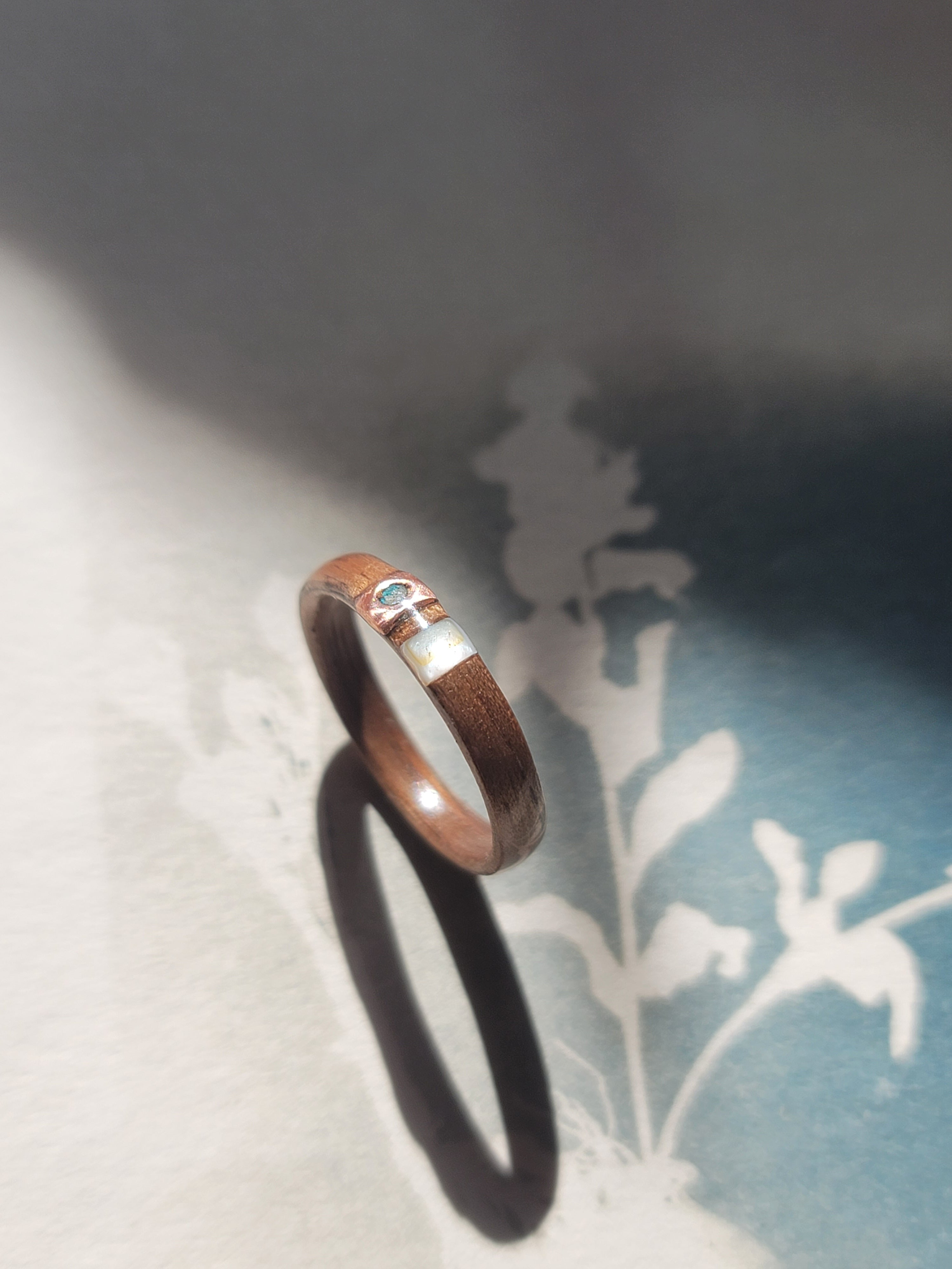Walnut Ring with Copper and Mother of Pearl Inlays Size 6.5