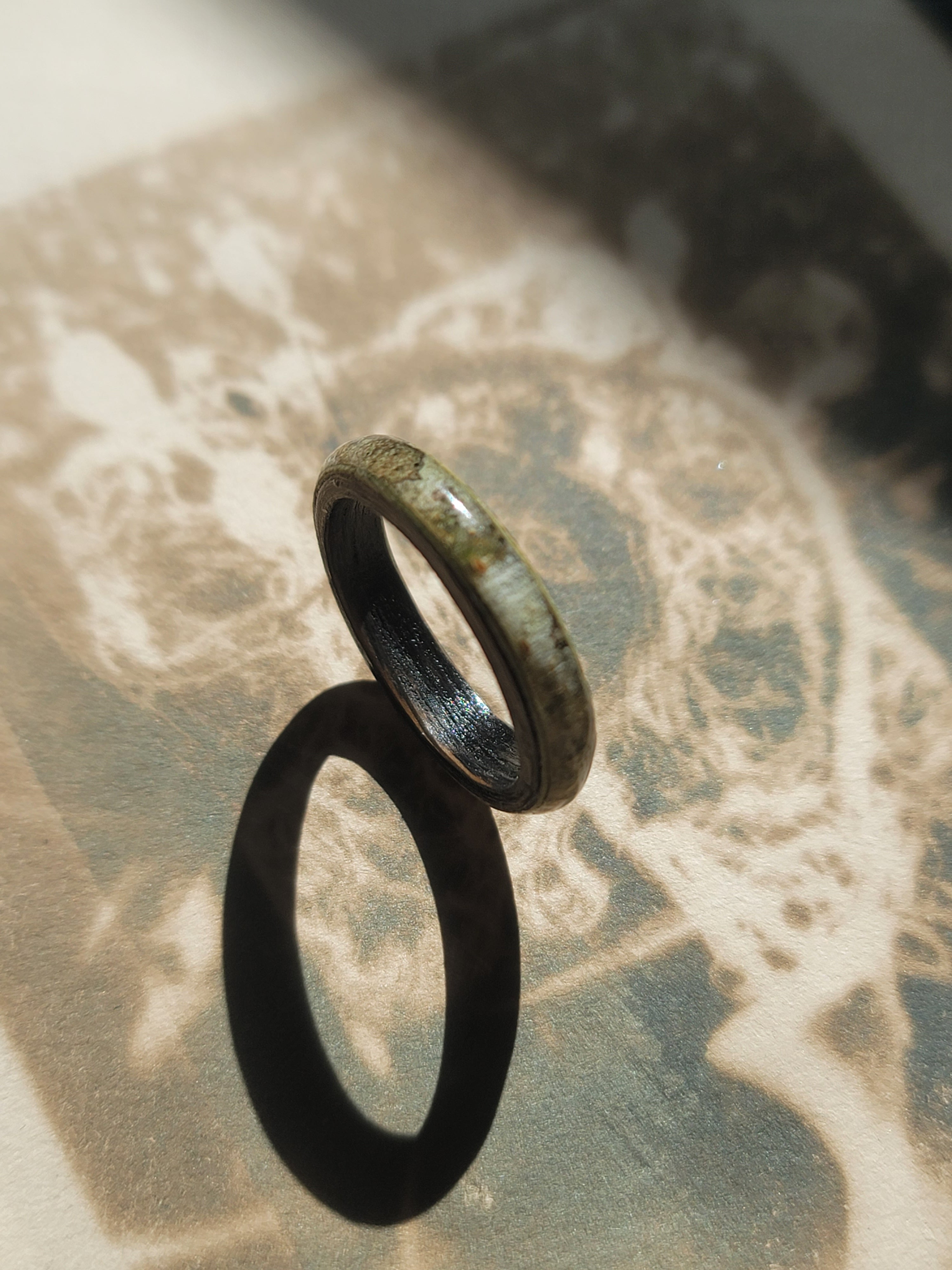 Oak with Lichen Patterned Rowan Tree Bark Ring Size 10