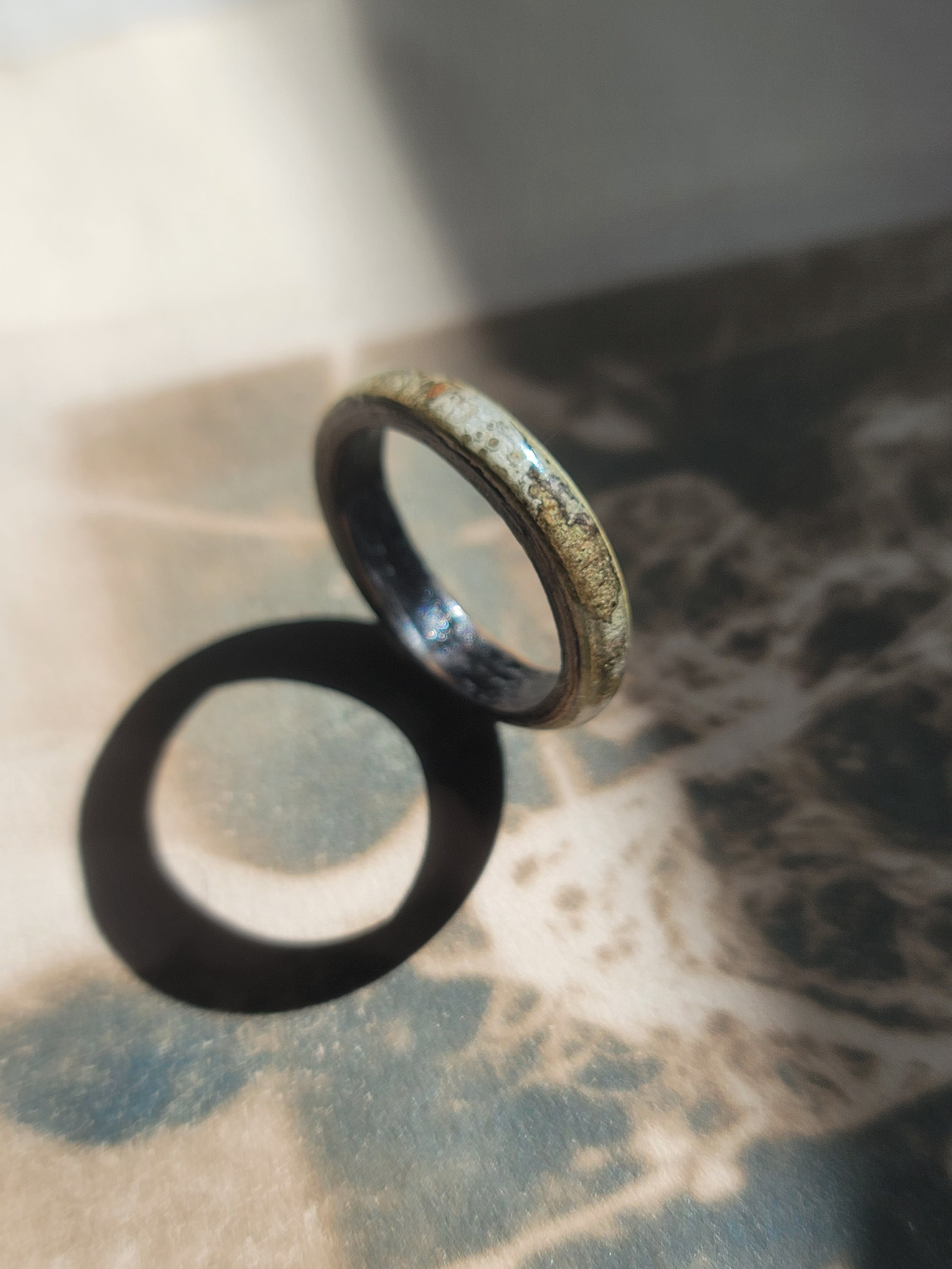 Oak with Lichen Patterned Rowan Tree Bark Ring Size 10