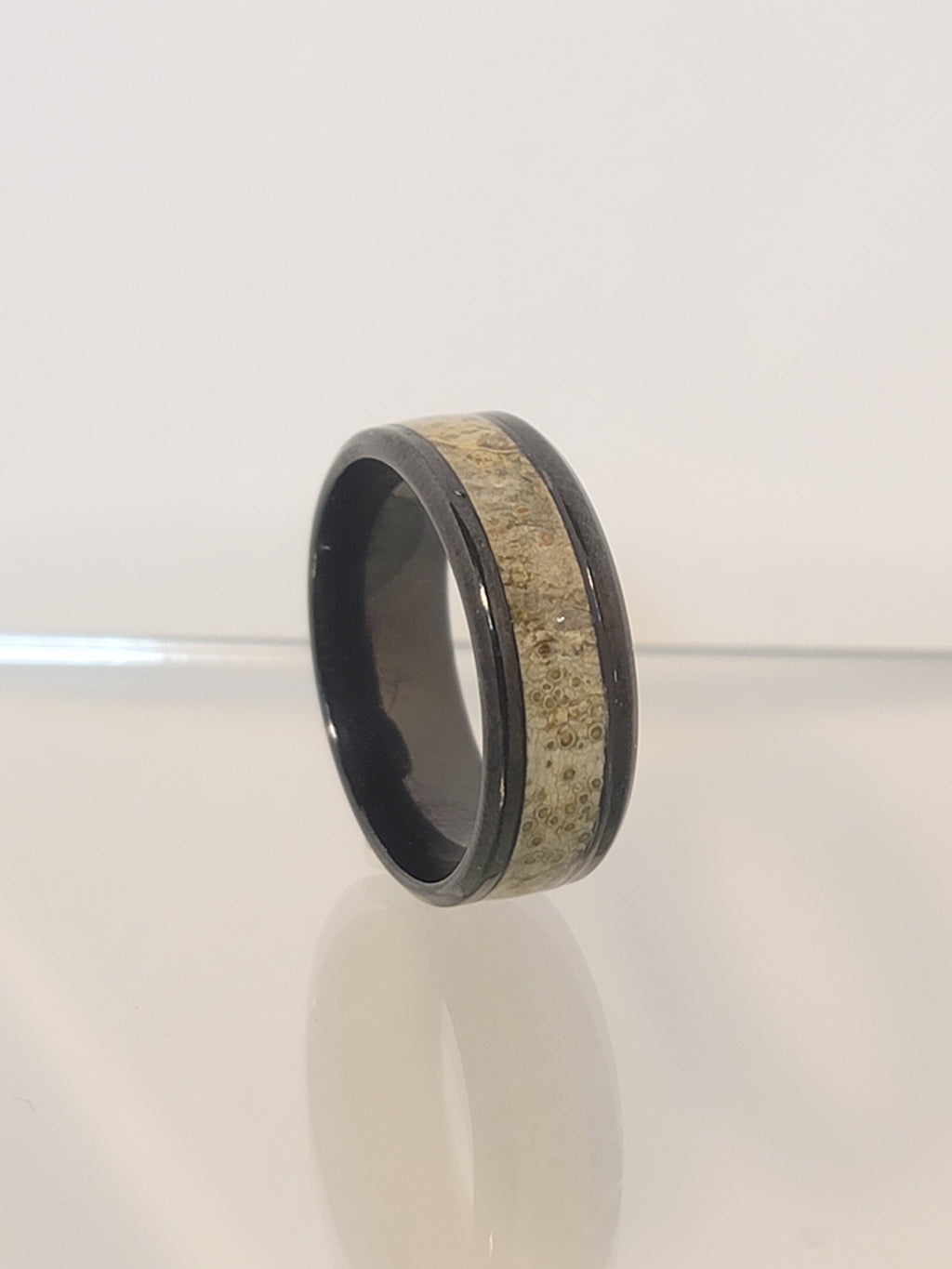 Black Steel Ring with Band of Lichen Pattern on Rowan Tree Bark US Size 10.5