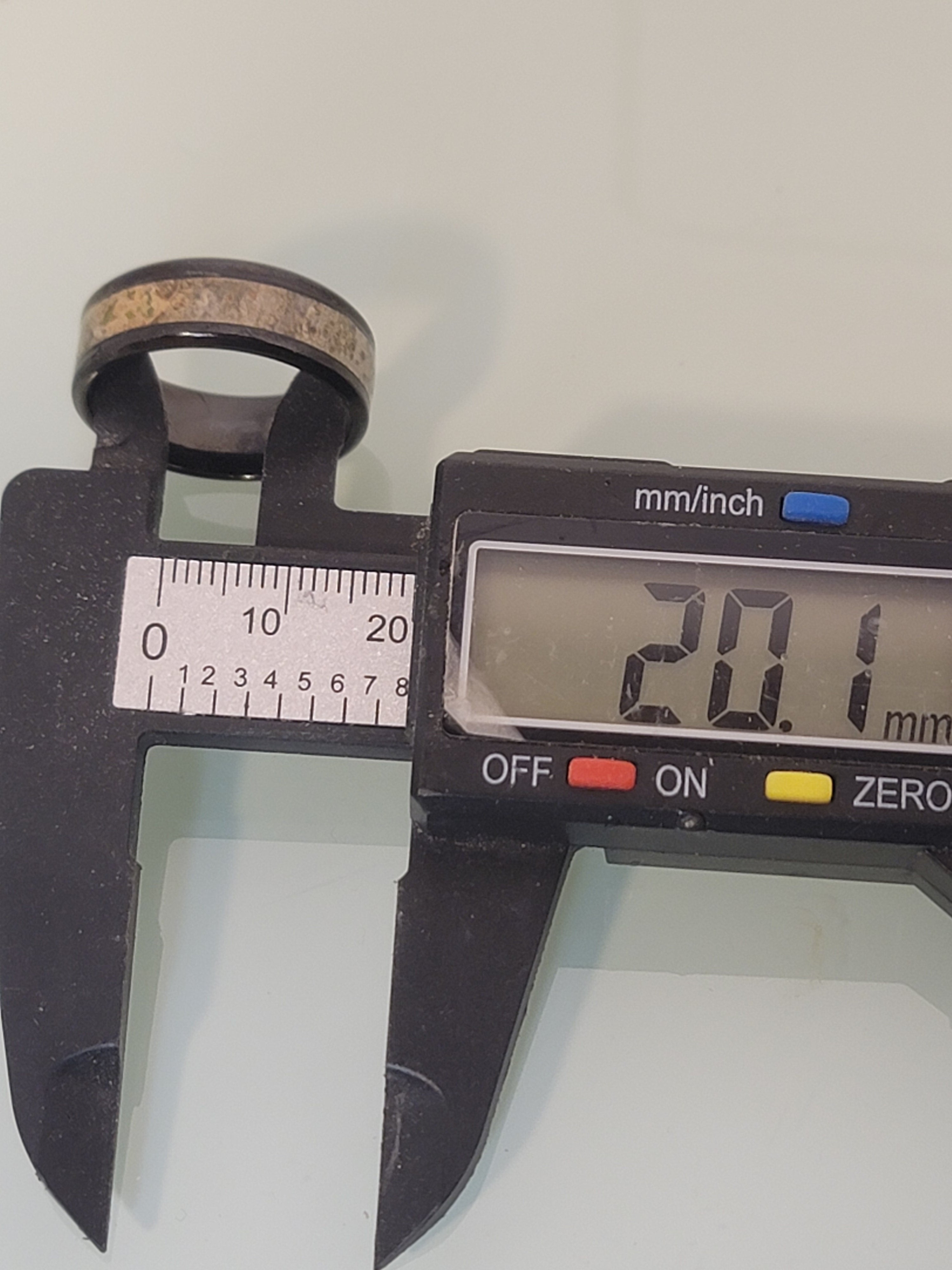 Black Steel Ring with Band of Lichen Pattern on Rowan Tree Bark US Size 10.5